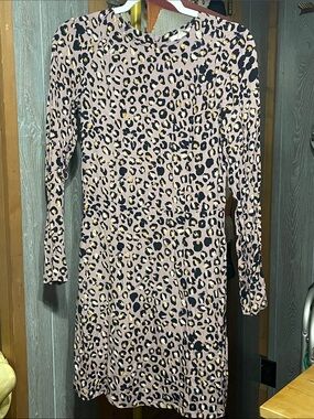 H&M Long Sleeve Pink Leopard Print Dress with Black and Gold Spot Accents